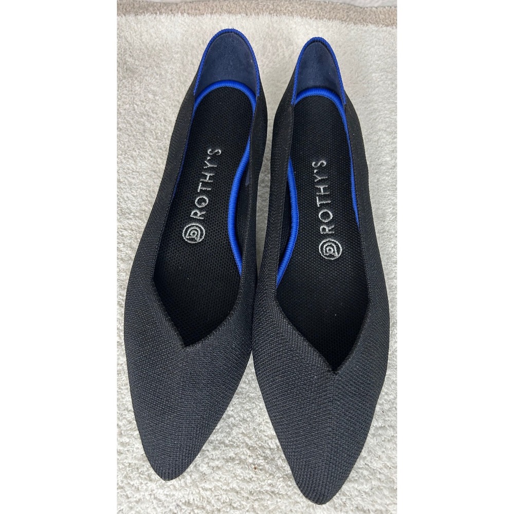 Rothys The Point Black Pointed Toe Knit Flats Blue Halo Womens Size 9